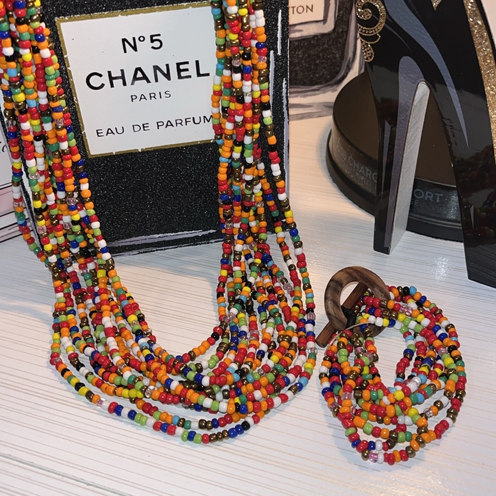 Gerda Lynggaard Monies Necklace Colorful Multi Strand Necklace and Bracelet Set